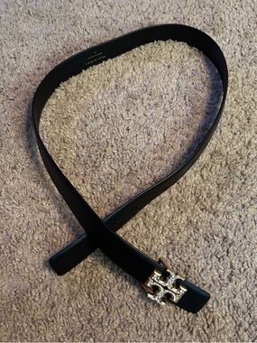 Tory Burch Black Leather Belt with Gold Logo Buckle